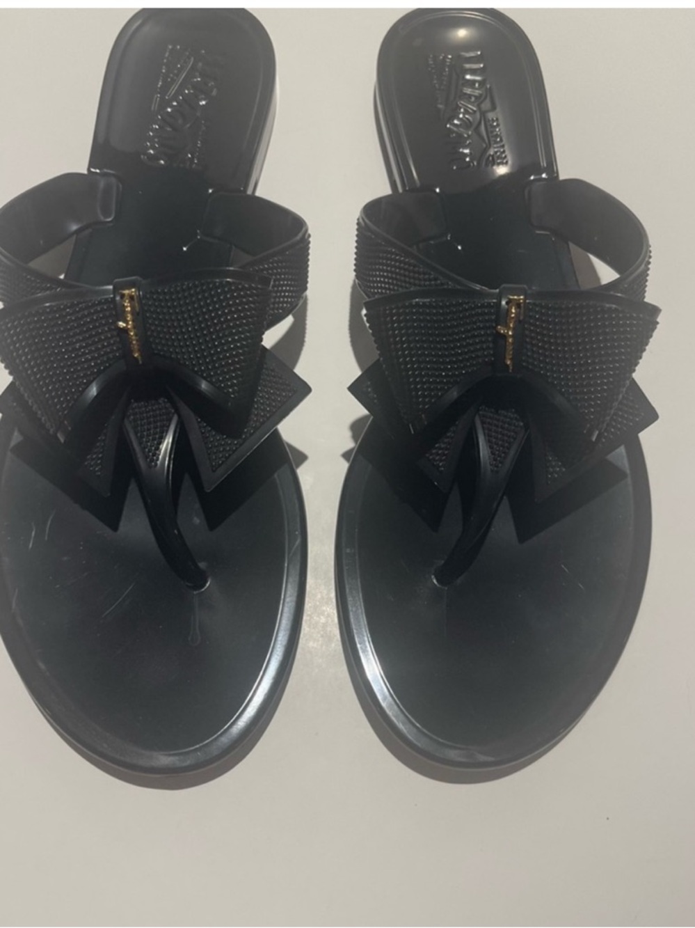 Salvatore Ferragamo Black Bow Jelly Thong Sandals with Gold Logo Accent - Picture 9 of 13